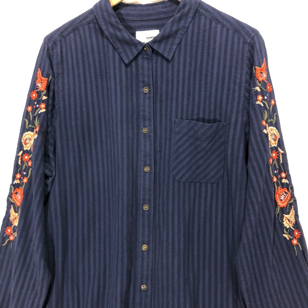 Sonoma Embroidered Button Down Shirt Dress Striped Long Sleeve‎ Casual XL